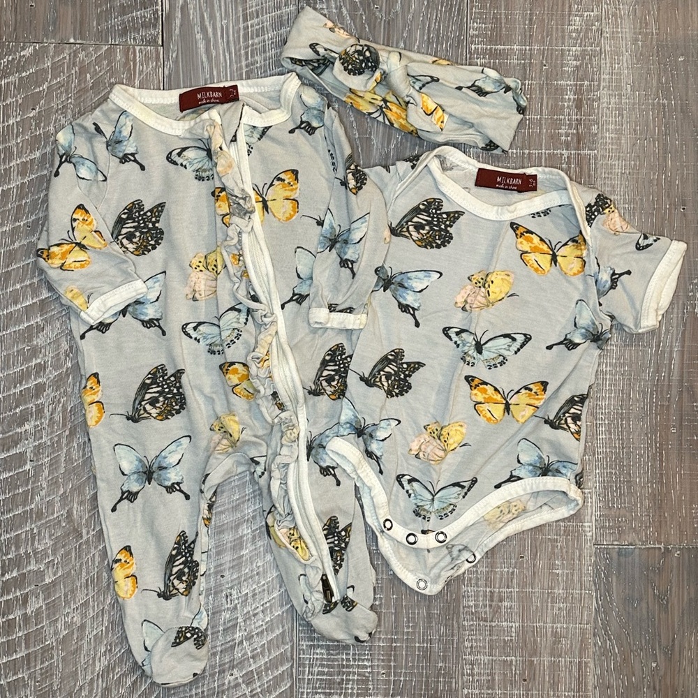 Milkbarn Bamboo Butterfly Print Set - Ruffled Romper, SS Bodysuit, and Bow